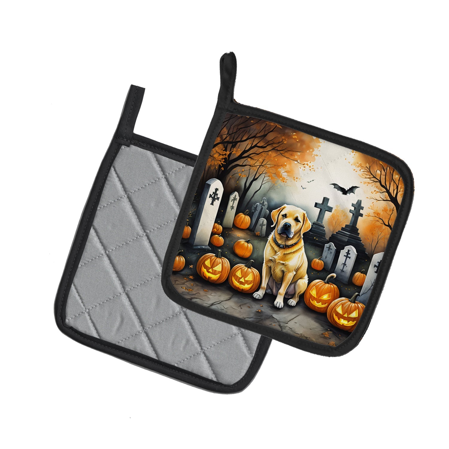 Yellow Labrador Retriever Spooky Halloween Pot Holder Set of 2 Heat Resistant Quilted Hot Pads 7.5 x 7.5 Inch, Insulated Kitchen Trivets for Cooking & Baking