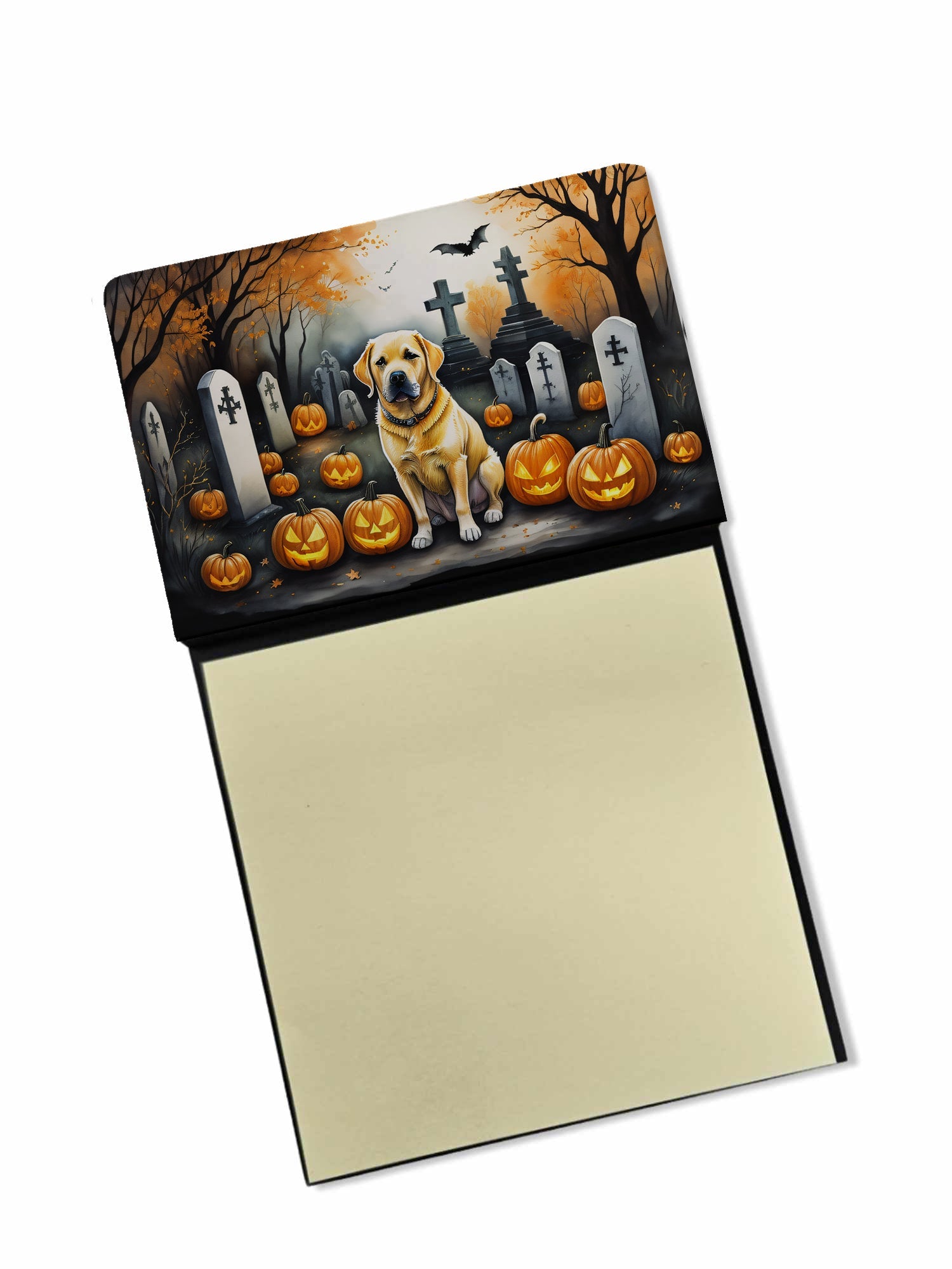 Yellow Labrador Retriever Spooky Halloween Watercolor Sticky Note Holder Refillable Dispenser Desk Accessory 3x3 Pad Gift