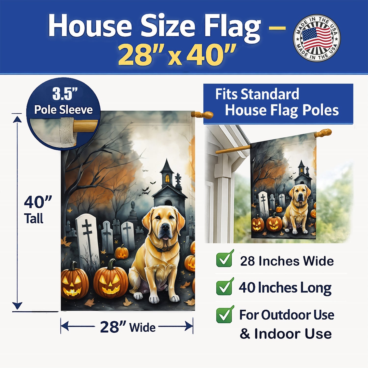 Yellow Labrador Retriever Spooky Halloween House Flag 28x40 Porch Sleeve Pole Decorative Outside Yard Banner Artwork Wall Hanging, Polyester