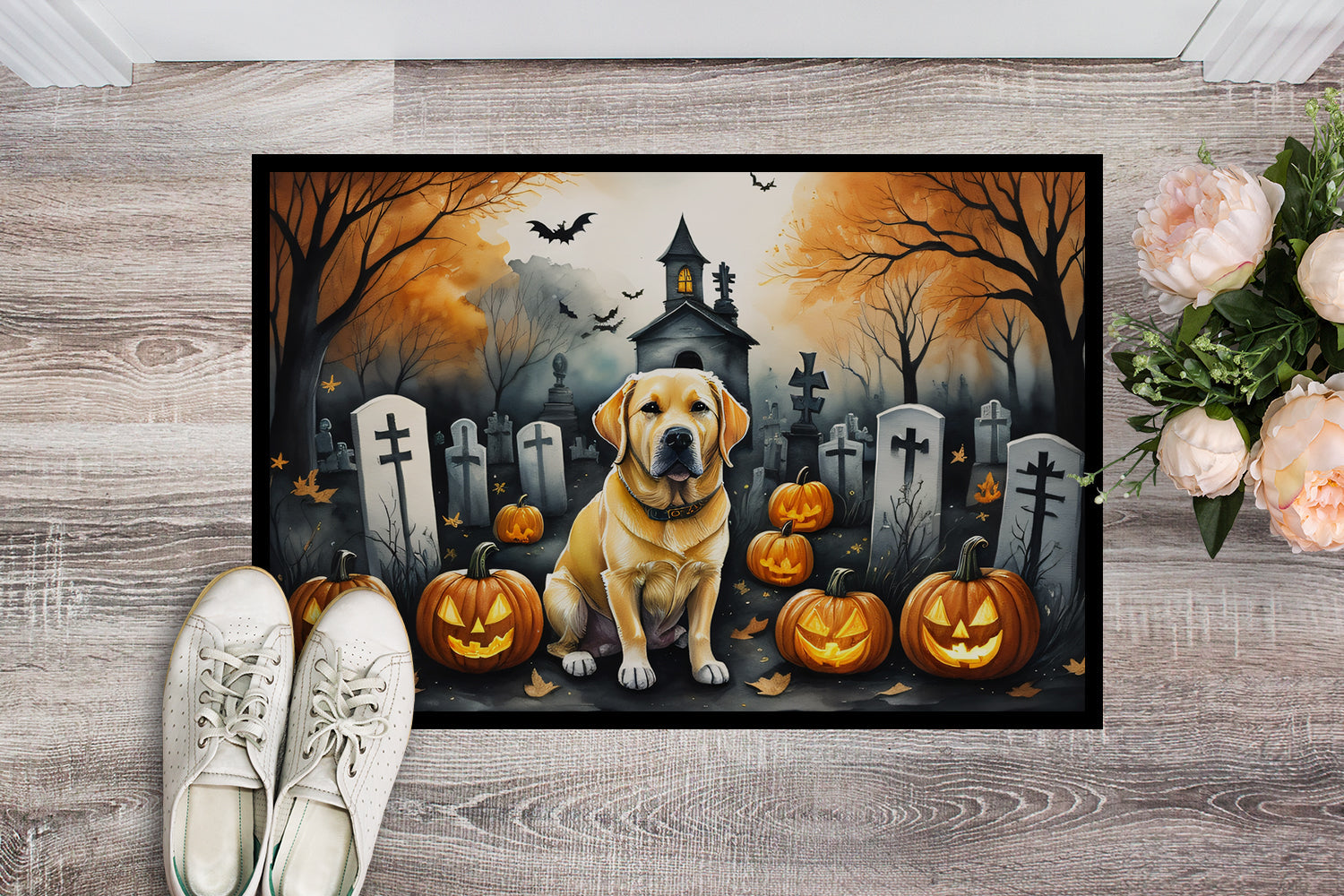 Yellow Labrador Retriever Spooky Halloween Doormat Indoor Outdoor 24H X 36W Front Door Mat Rugs for Entryway, Non Slip Washable Low Pile,