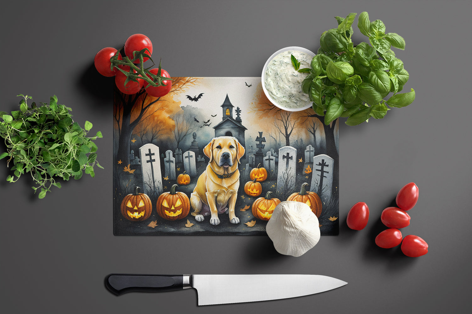Yellow Labrador Retriever Spooky Halloween Cutting Board Tempered Glass Kitchen Cutting Surface, Heat Resistant Chopping, Non-Slip Feet, Food Prep & Serving