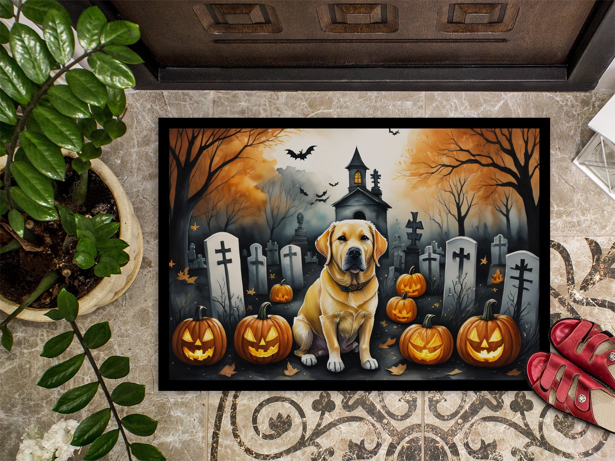 Yellow Labrador Retriever Spooky Halloween Doormat Indoor Outdoor 18H X 27W Front Door Mat Rugs for Entryway, Non Slip Washable