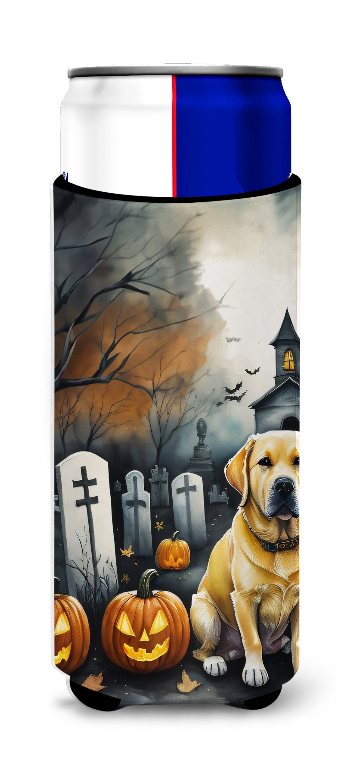 Yellow Labrador Retriever Spooky Halloween Slim Can Hugger , Insulated Foam Hugger for 12 oz Slim Cans, Beer Bottles & Water Bottles, Printed in USA