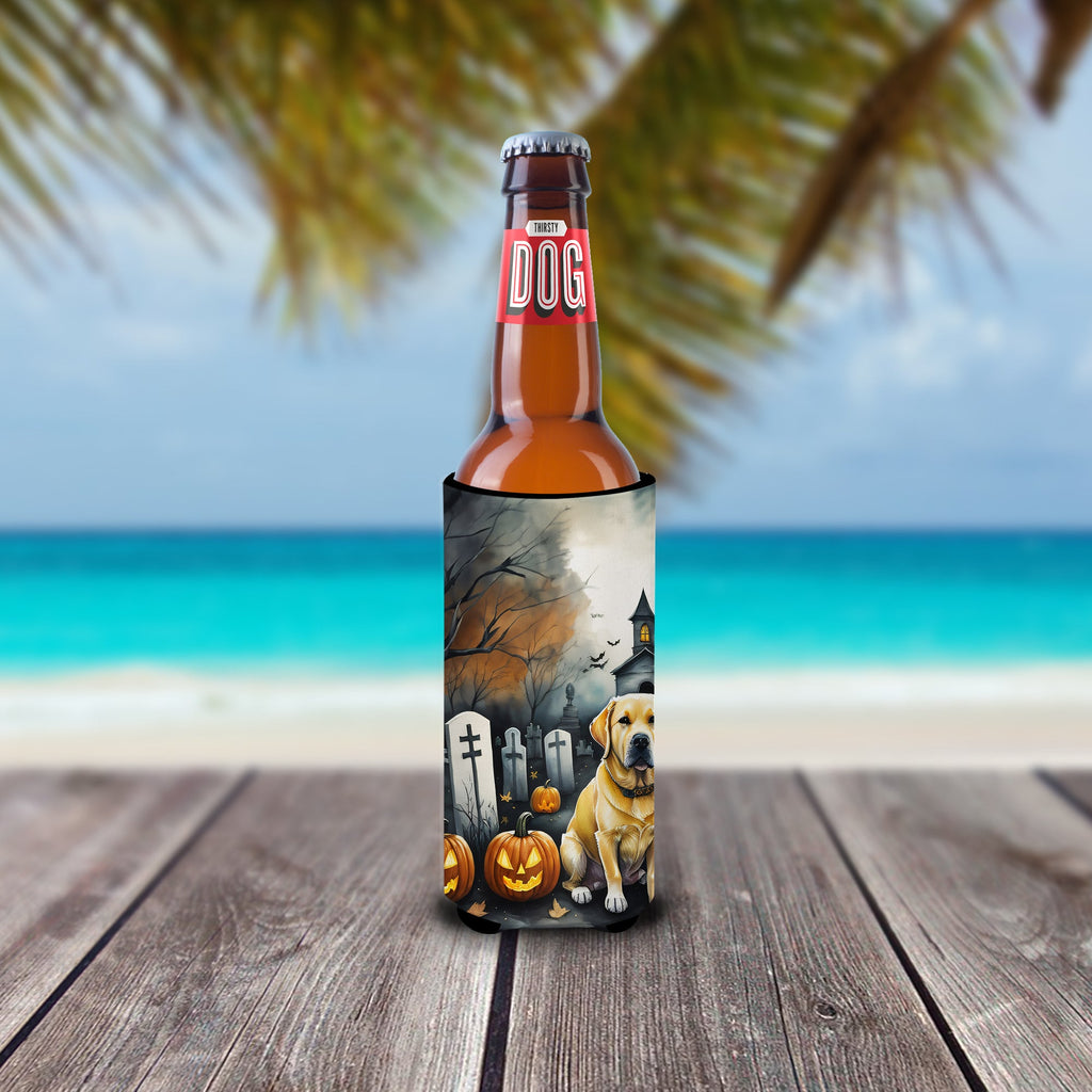 Yellow Labrador Retriever Spooky Halloween Slim Can Hugger , Insulated Foam Hugger for 12 oz Slim Cans, Beer Bottles & Water Bottles, Printed in USA
