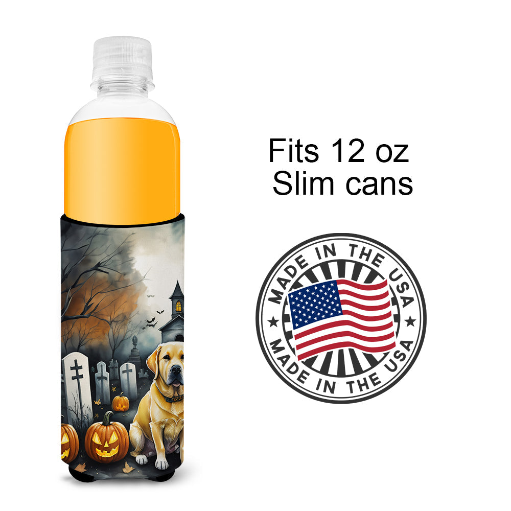 Yellow Labrador Retriever Spooky Halloween Slim Can Hugger , Insulated Foam Hugger for 12 oz Slim Cans, Beer Bottles & Water Bottles, Printed in USA