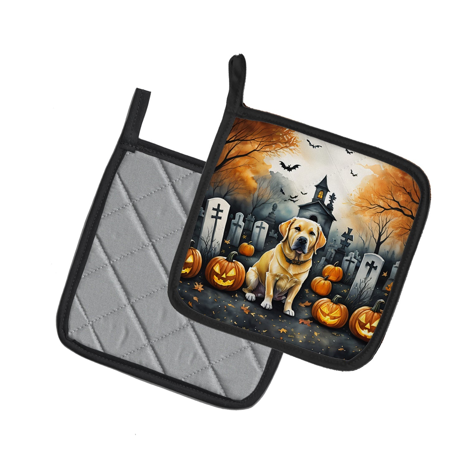 Yellow Labrador Retriever Spooky Halloween Pot Holder Set of 2 Heat Resistant Quilted Hot Pads 7.5 x 7.5 Inch, Insulated Kitchen Trivets for Cooking & Baking