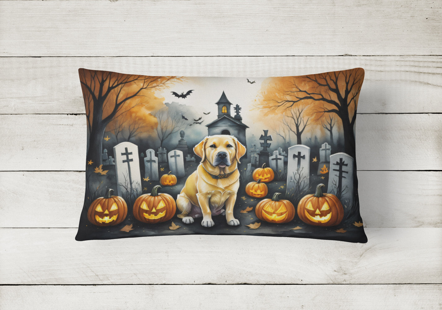 Yellow Labrador Retriever Spooky Halloween Decorative Throw Pillow 12x16 Indoor Outdoor Accent Cushion, Fabric Cover with Insert for Sofa, Bed, Porch & Living Room