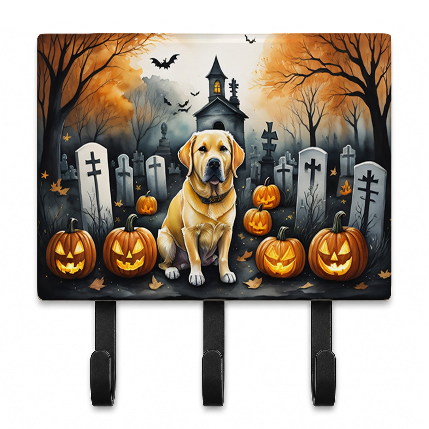 Yellow Labrador Retriever Spooky Halloween Leash or Key Holder Wall Hooks, Coat Rack Wall Mount, for Hanging Keys, Towels, Aprons, Leashes