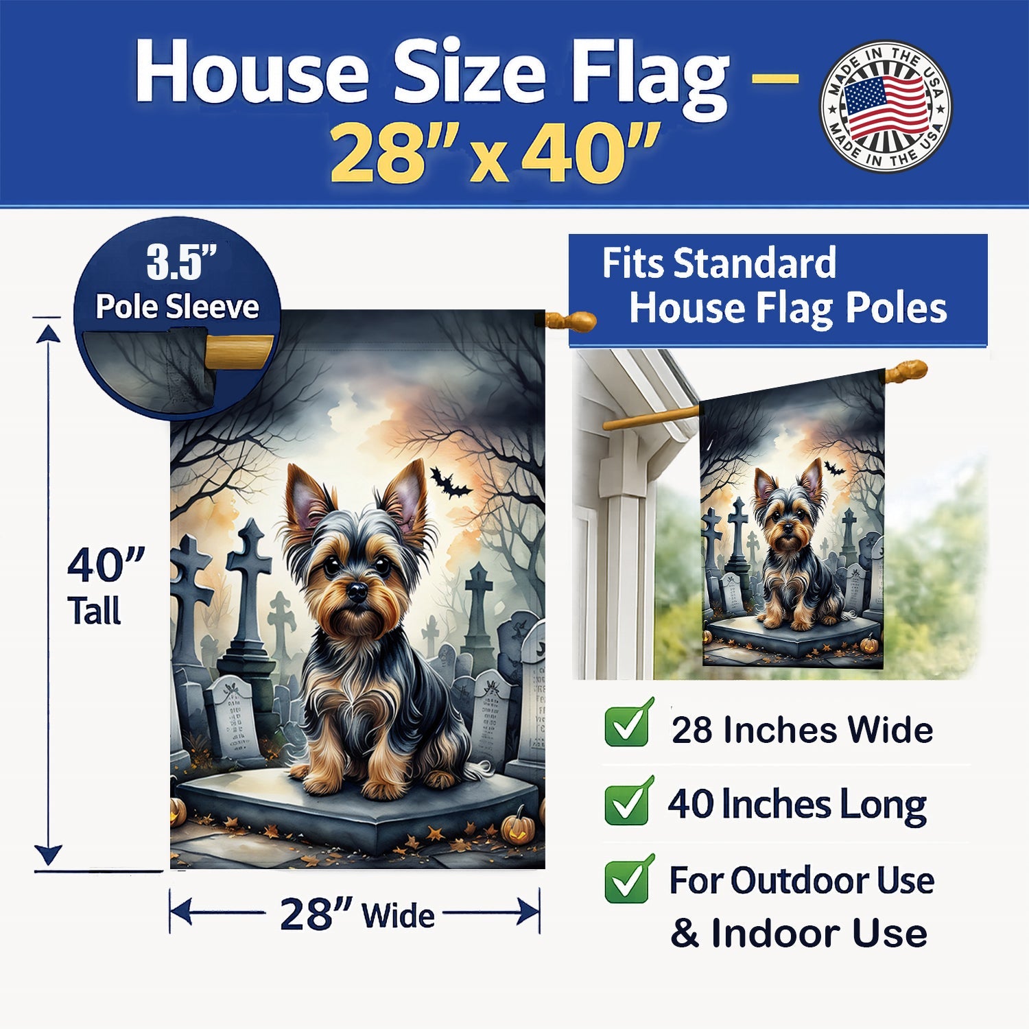 Yorkshire Terrier Spooky Halloween House Flag 28x40 Porch Sleeve Pole Decorative Outside Yard Banner Artwork Wall Hanging, Polyester