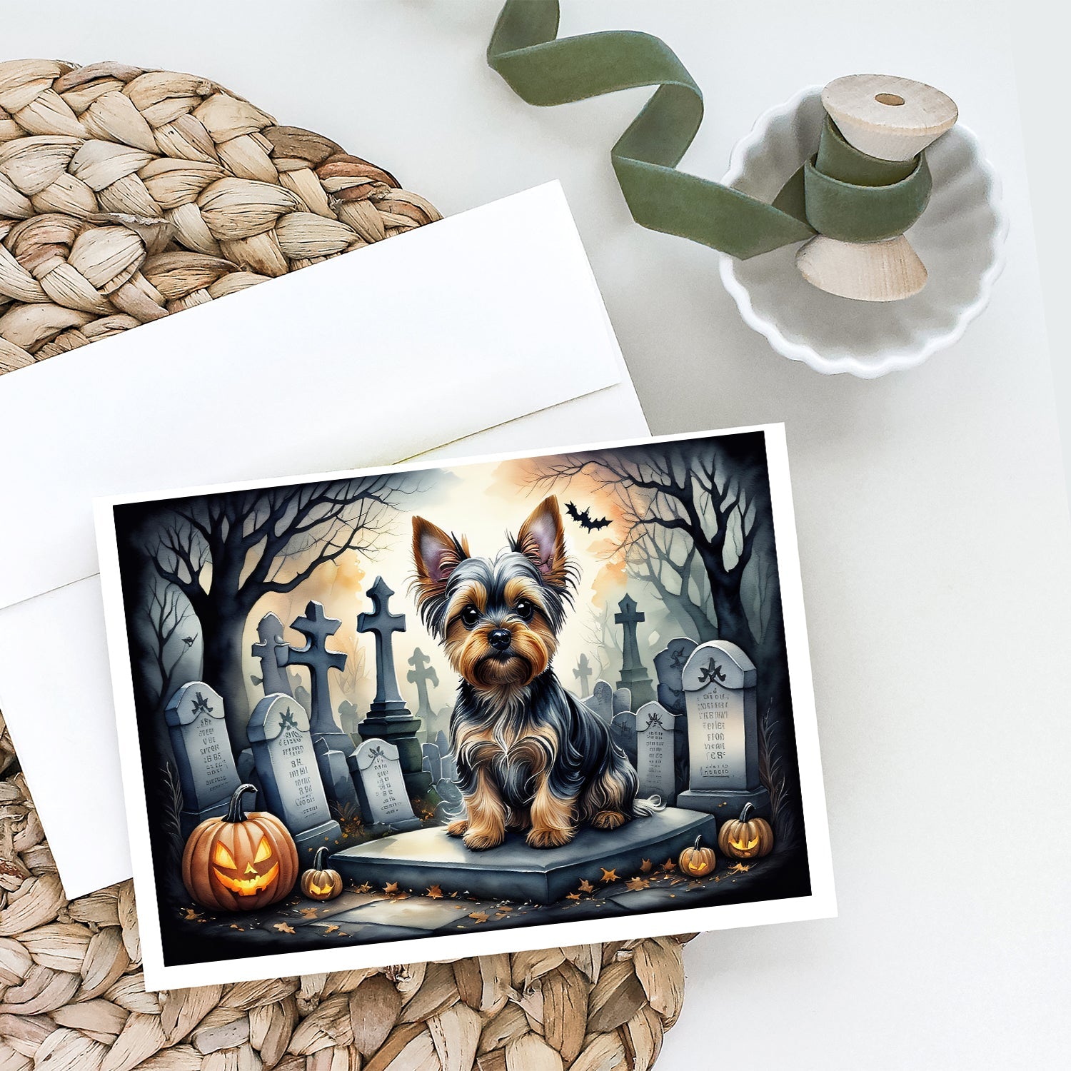Yorkshire Terrier Spooky Halloween Greeting Cards Pack of 8 Blank Cards with Envelopes Whimsical A7 Size 5x7