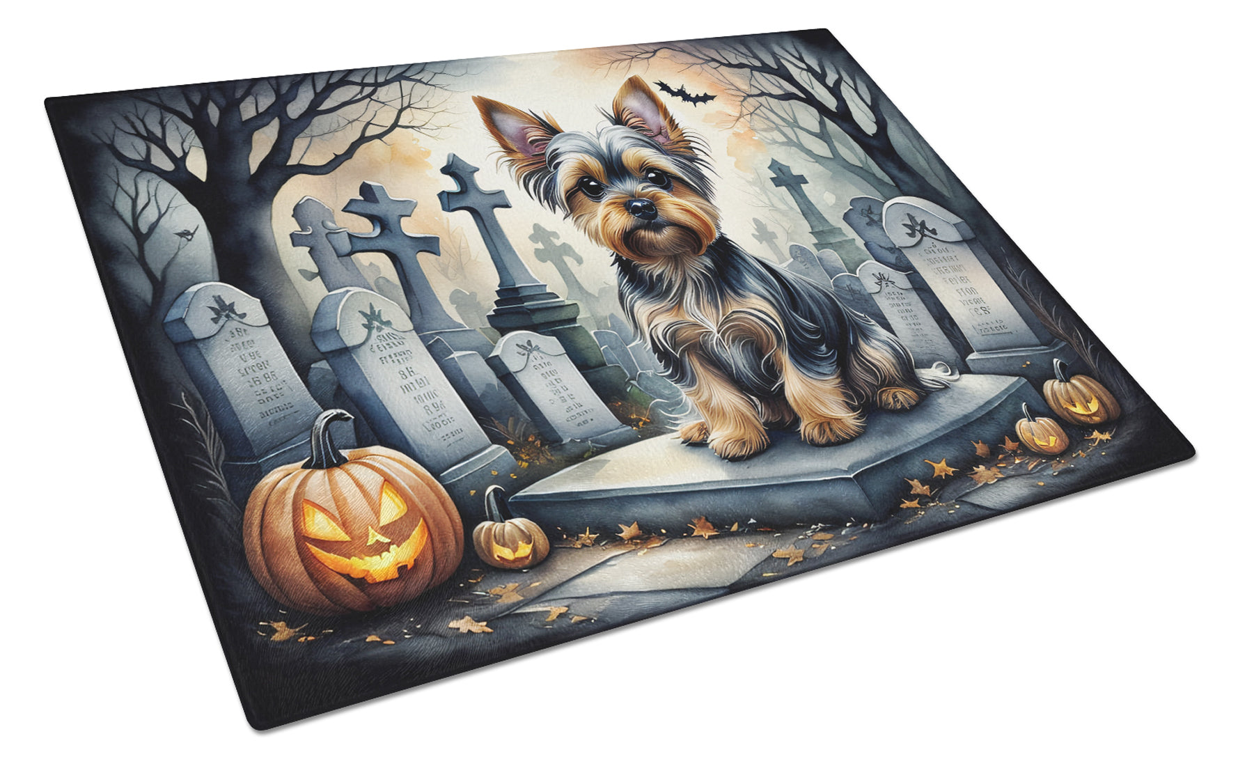 Yorkshire Terrier Spooky Halloween Cutting Board Tempered Glass Kitchen Cutting Surface, Heat Resistant Chopping, Non-Slip Feet, Food Prep & Serving
