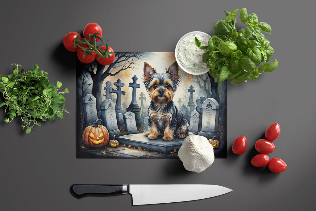 Yorkshire Terrier Spooky Halloween Cutting Board Tempered Glass Kitchen Cutting Surface, Heat Resistant Chopping, Non-Slip Feet, Food Prep & Serving