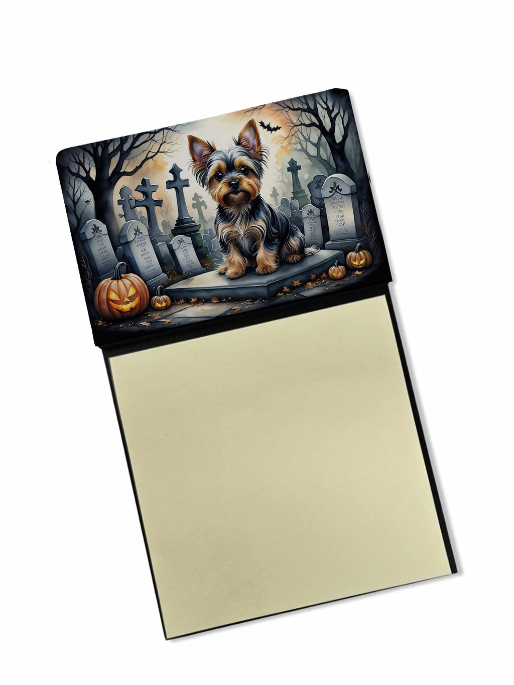 Yorkshire Terrier Spooky Halloween Watercolor Sticky Note Holder Refillable Dispenser Desk Accessory 3x3 Pad Gift