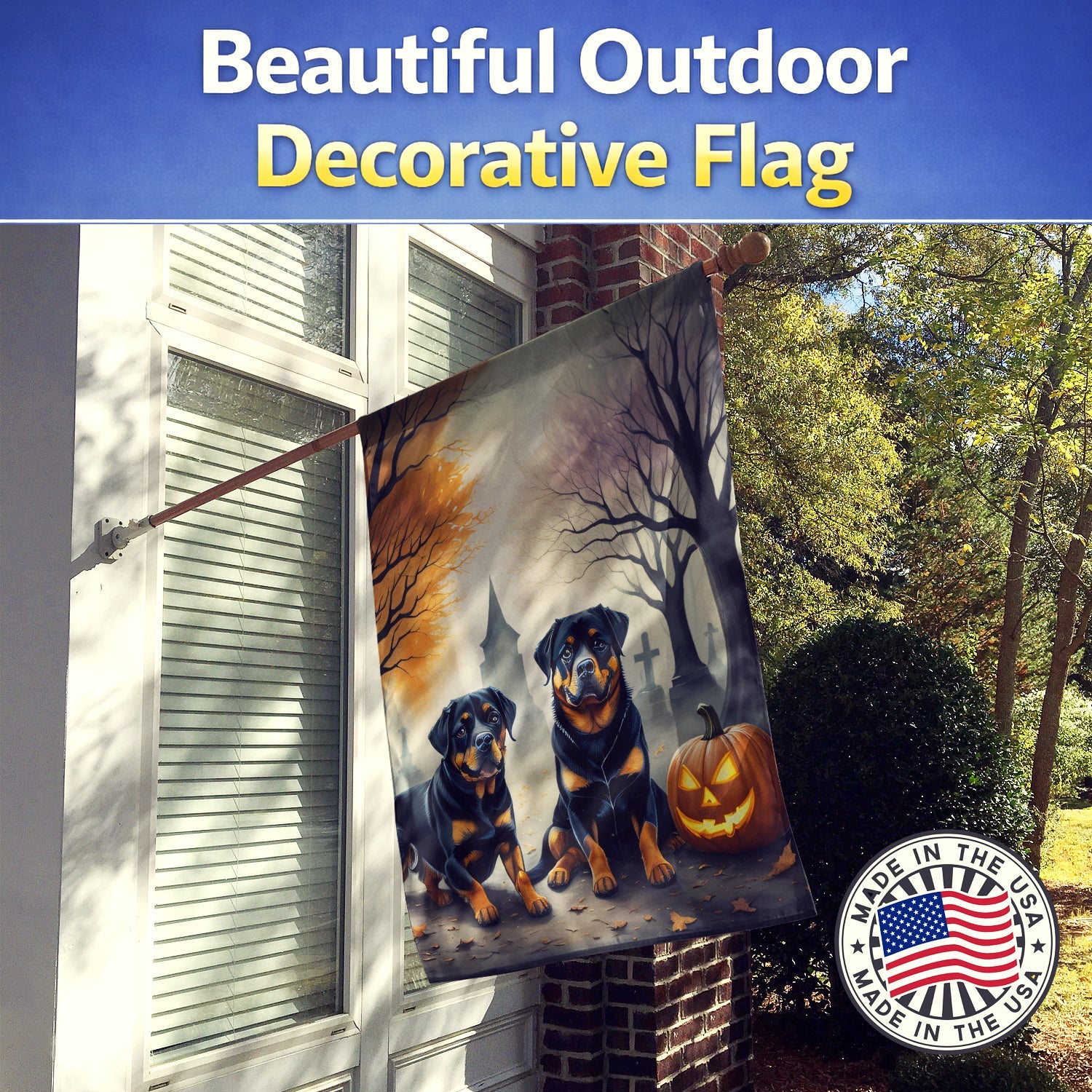 Rottweiler Spooky Halloween House Flag 28x40 Porch Sleeve Pole Decorative Outside Yard Banner Artwork Wall Hanging, Polyester