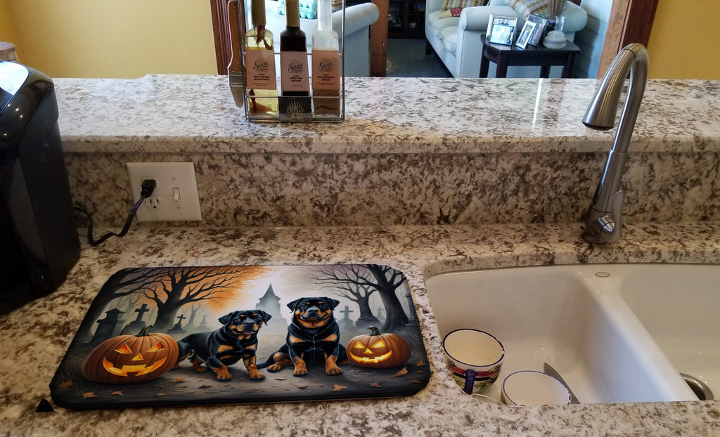 Rottweiler Spooky Halloween Dish Drying Mat Absorbent Dish Drying Mat Pad for Kitchen Counter Dish Drainer Mat for Countertop, 14 x 21", Multicolor