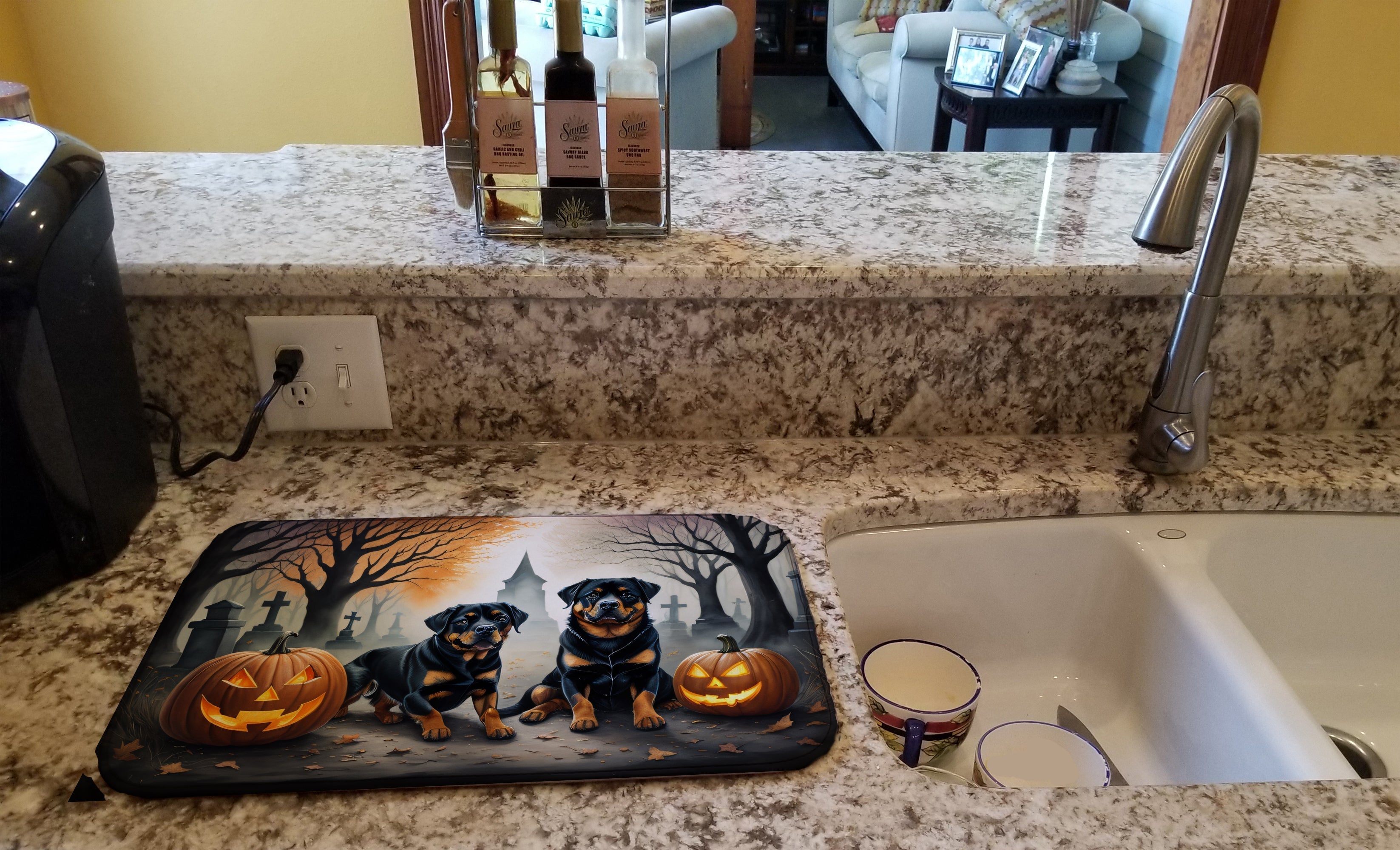 Rottweiler Spooky Halloween Dish Drying Mat Absorbent Dish Drying Mat Pad for Kitchen Counter Dish Drainer Mat for Countertop, 14 x 21", Multicolor