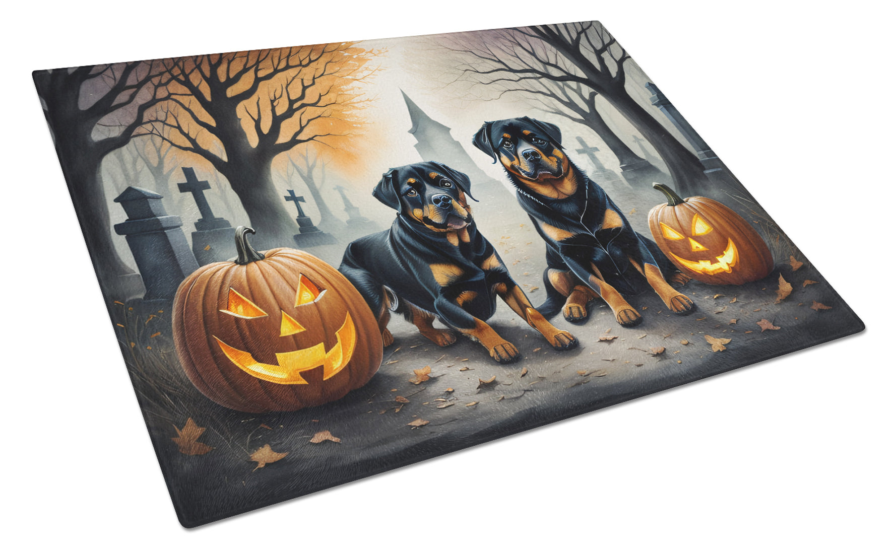 Rottweiler Spooky Halloween Cutting Board Tempered Glass Kitchen Cutting Surface, Heat Resistant Chopping, Non-Slip Feet, Food Prep & Serving