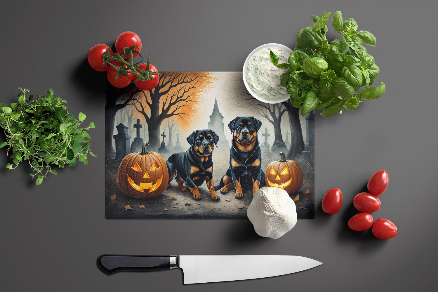 Rottweiler Spooky Halloween Cutting Board Tempered Glass Kitchen Cutting Surface, Heat Resistant Chopping, Non-Slip Feet, Food Prep & Serving