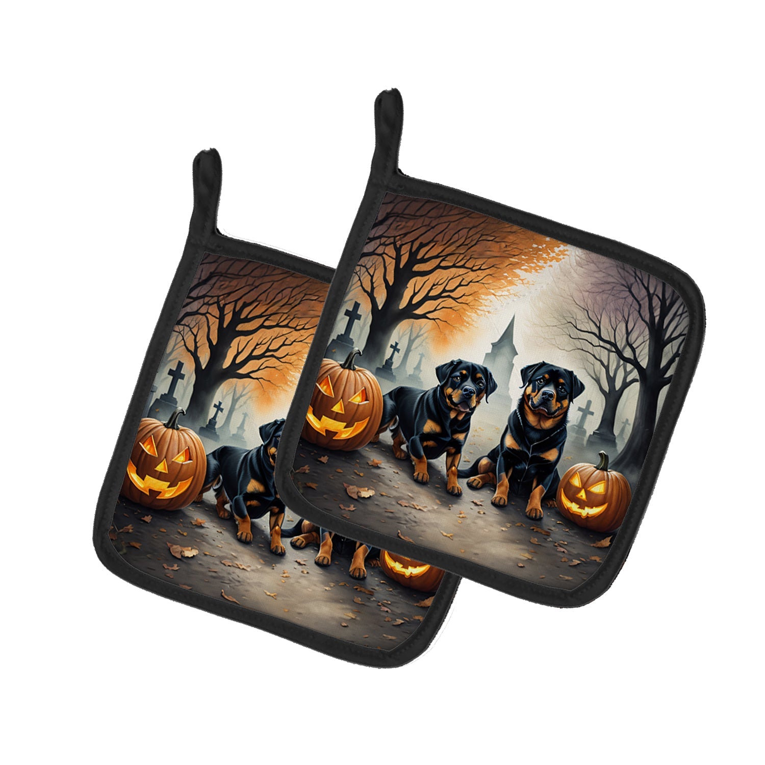 Rottweiler Spooky Halloween Pot Holder Set of 2 Heat Resistant Quilted Hot Pads 7.5 x 7.5 Inch, Insulated Kitchen Trivets for Cooking & Baking
