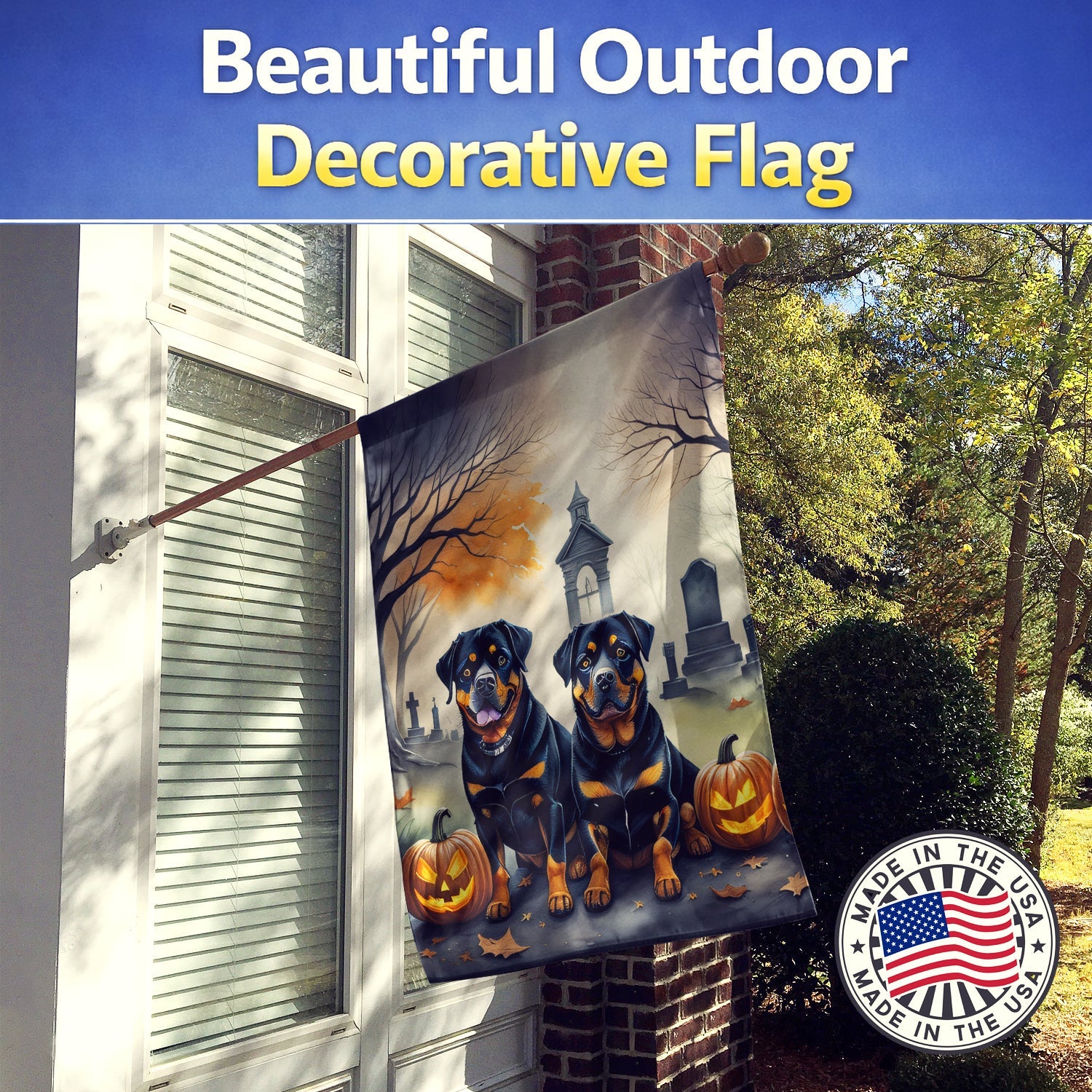 Rottweiler Spooky Halloween House Flag 28x40 Porch Sleeve Pole Decorative Outside Yard Banner Artwork Wall Hanging, Polyester