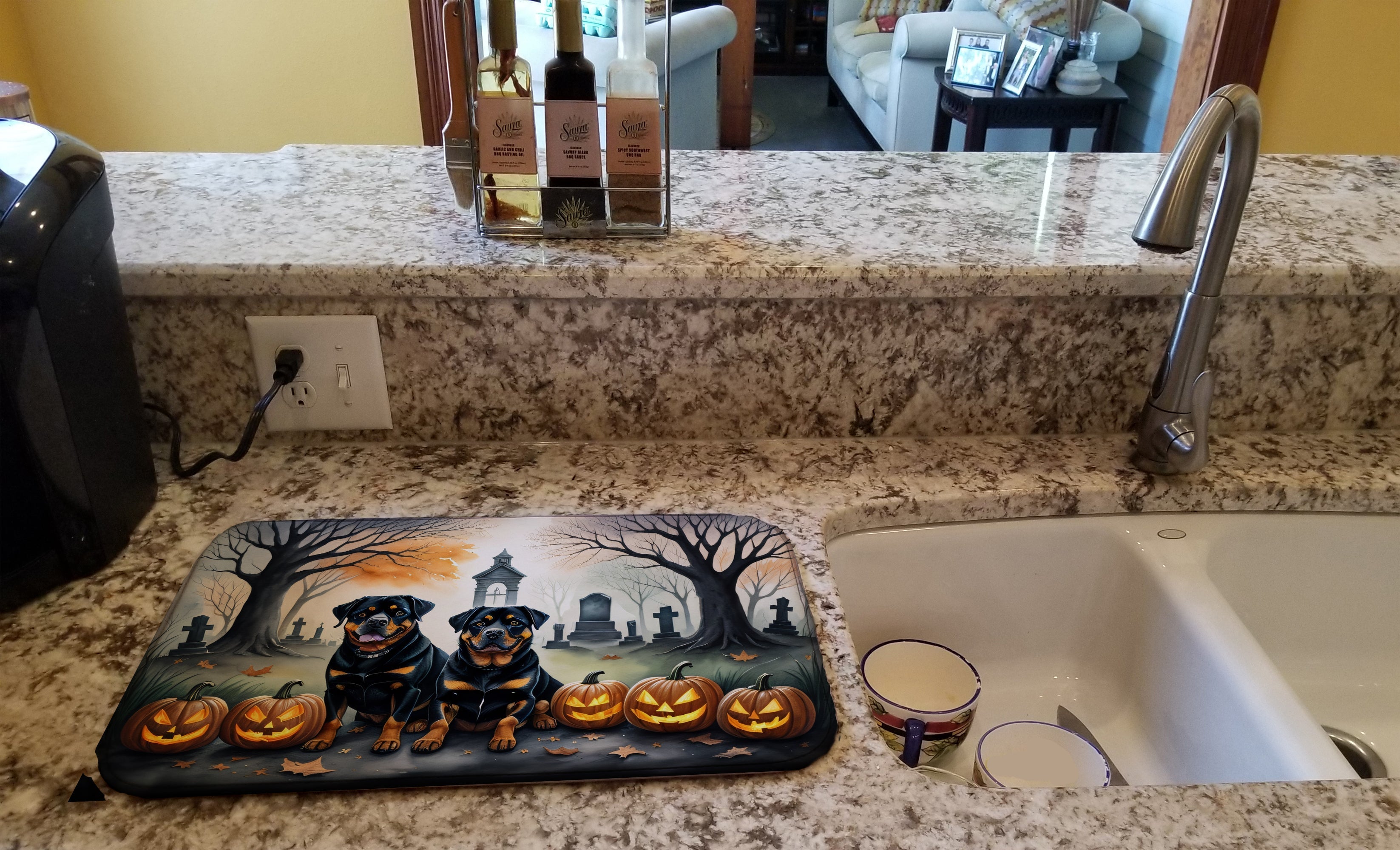 Rottweiler Spooky Halloween Dish Drying Mat Absorbent Dish Drying Mat Pad for Kitchen Counter Dish Drainer Mat for Countertop, 14 x 21", Multicolor