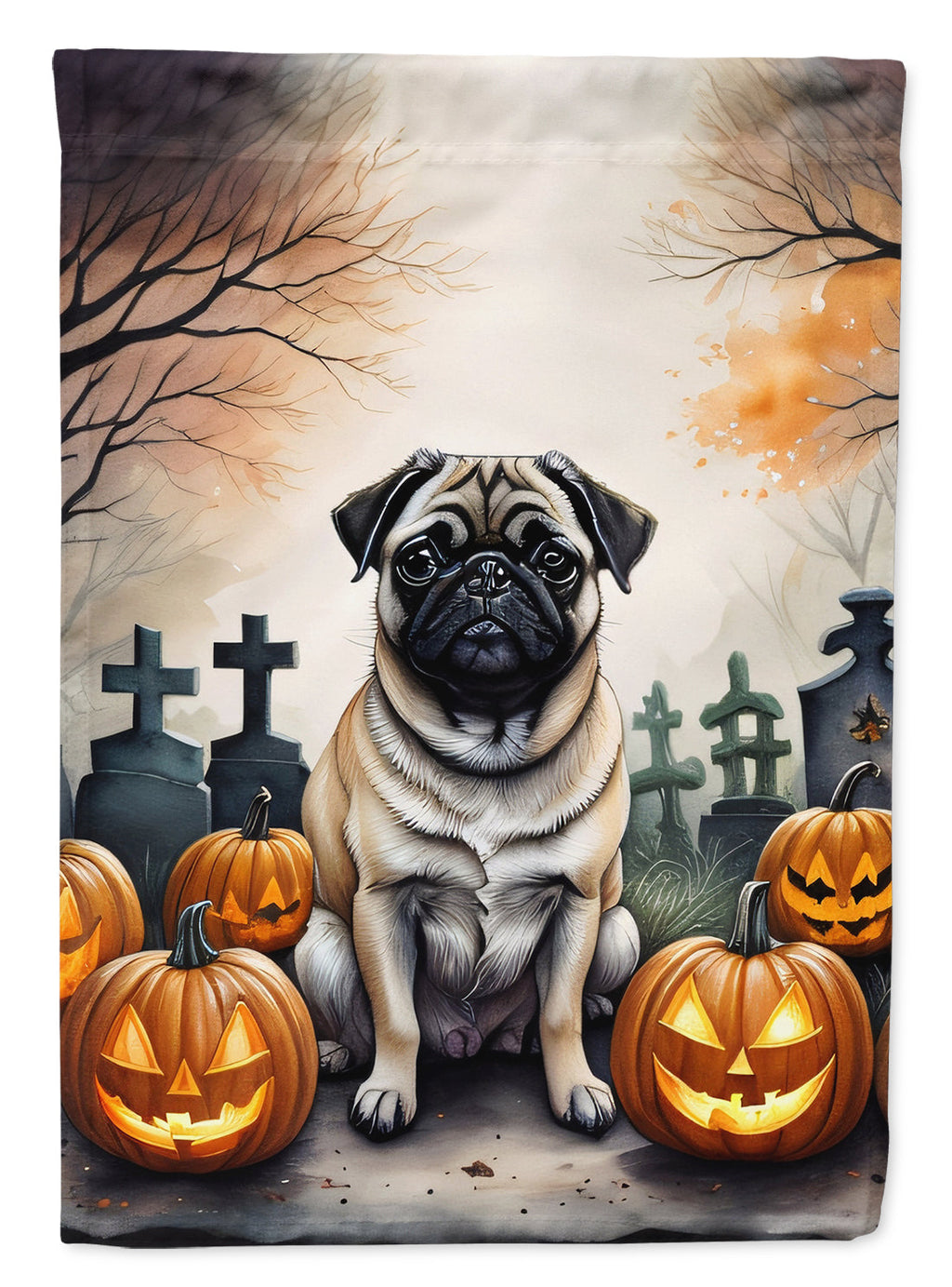 Fawn Pug Spooky Halloween House Flag 28x40 Porch Sleeve Pole Decorative Outside Yard Banner Artwork Wall Hanging, Polyester