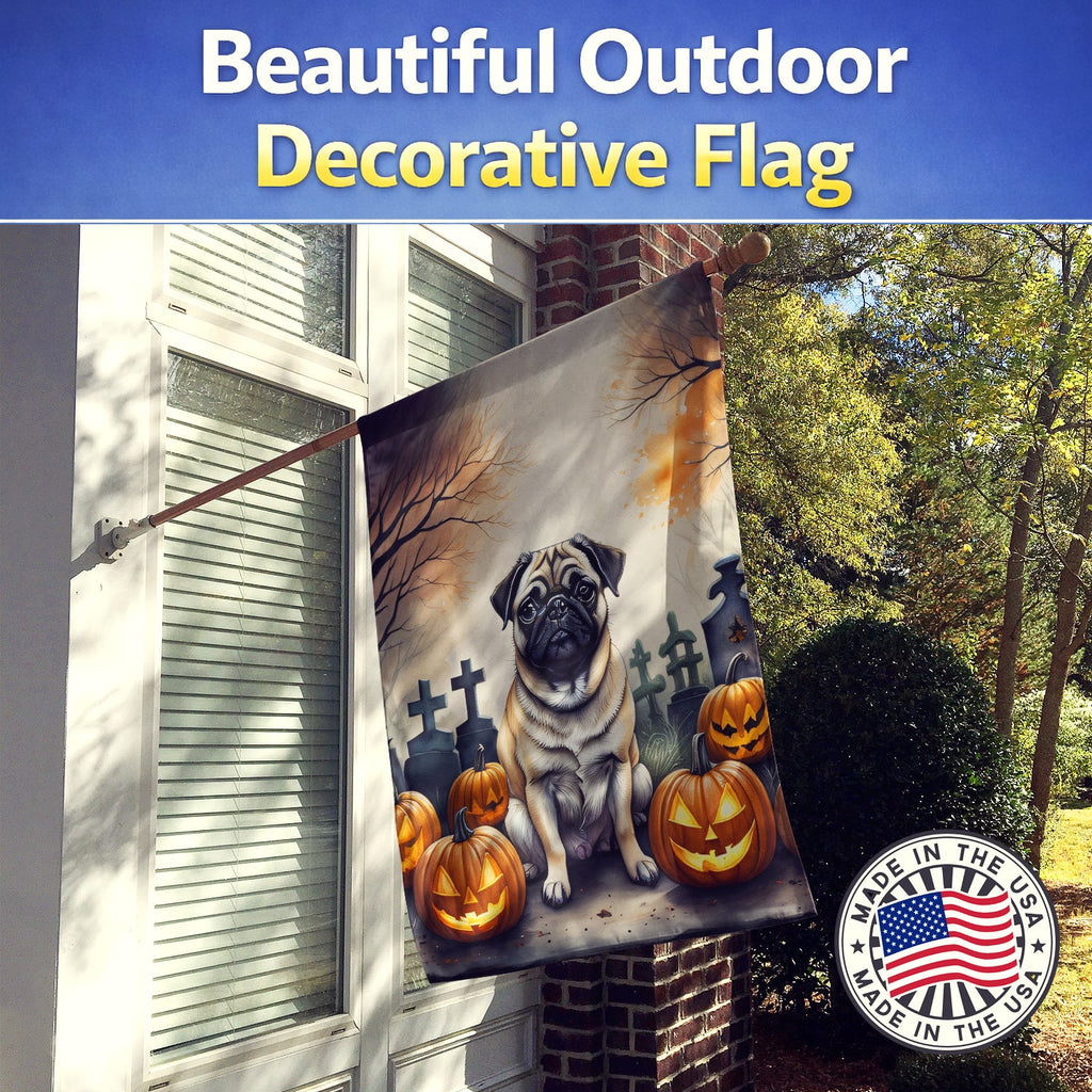 Fawn Pug Spooky Halloween House Flag 28x40 Porch Sleeve Pole Decorative Outside Yard Banner Artwork Wall Hanging, Polyester