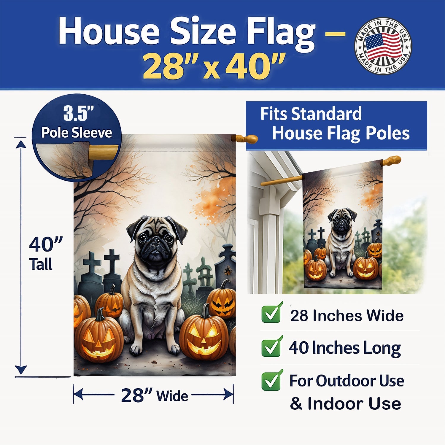 Fawn Pug Spooky Halloween House Flag 28x40 Porch Sleeve Pole Decorative Outside Yard Banner Artwork Wall Hanging, Polyester