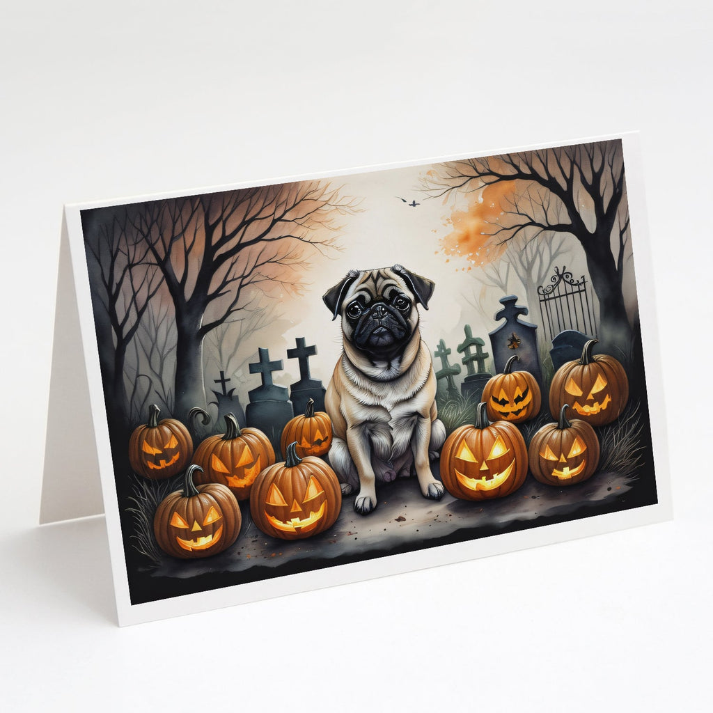 Fawn Pug Spooky Halloween Greeting Cards Pack of 8 Blank Cards with Envelopes Whimsical A7 Size 5x7