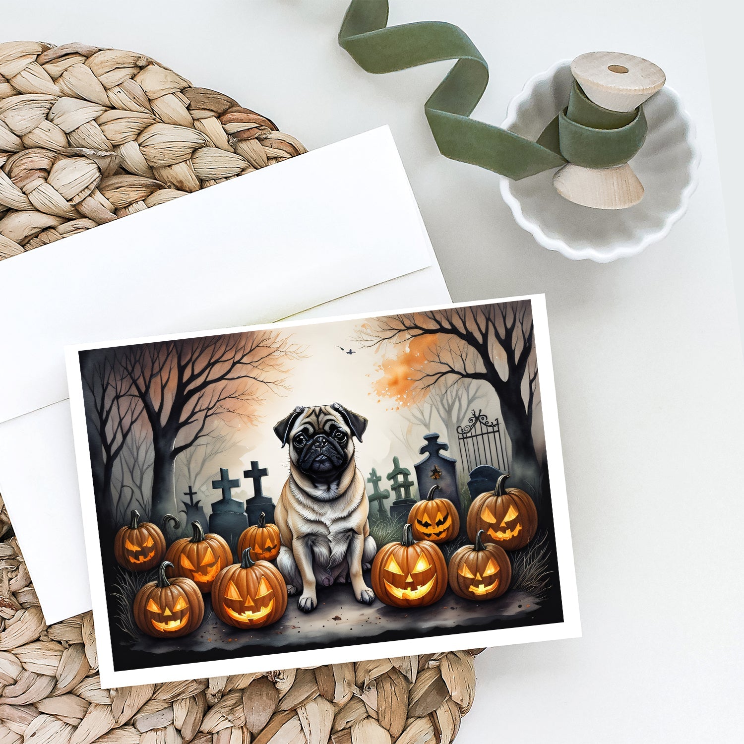 Fawn Pug Spooky Halloween Greeting Cards Pack of 8 Blank Cards with Envelopes Whimsical A7 Size 5x7