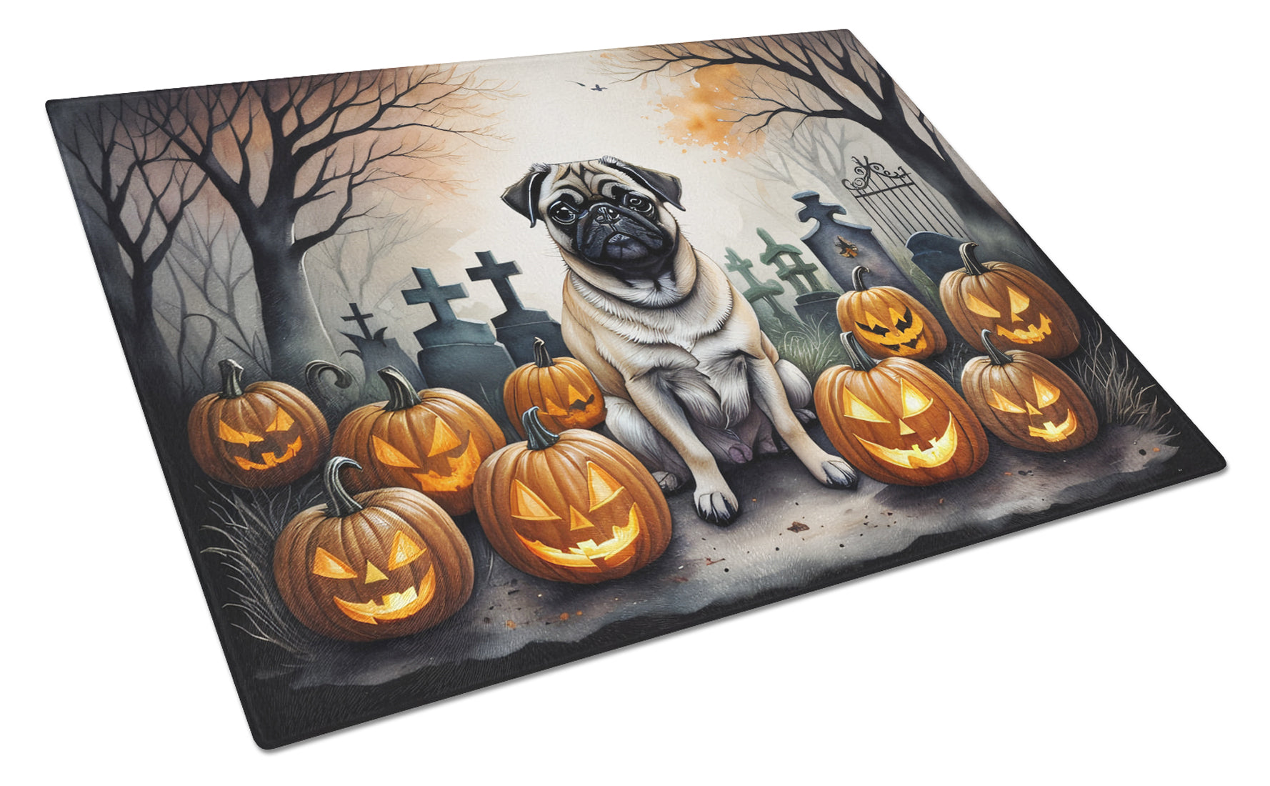 Fawn Pug Spooky Halloween Cutting Board Tempered Glass Kitchen Cutting Surface, Heat Resistant Chopping, Non-Slip Feet, Food Prep & Serving