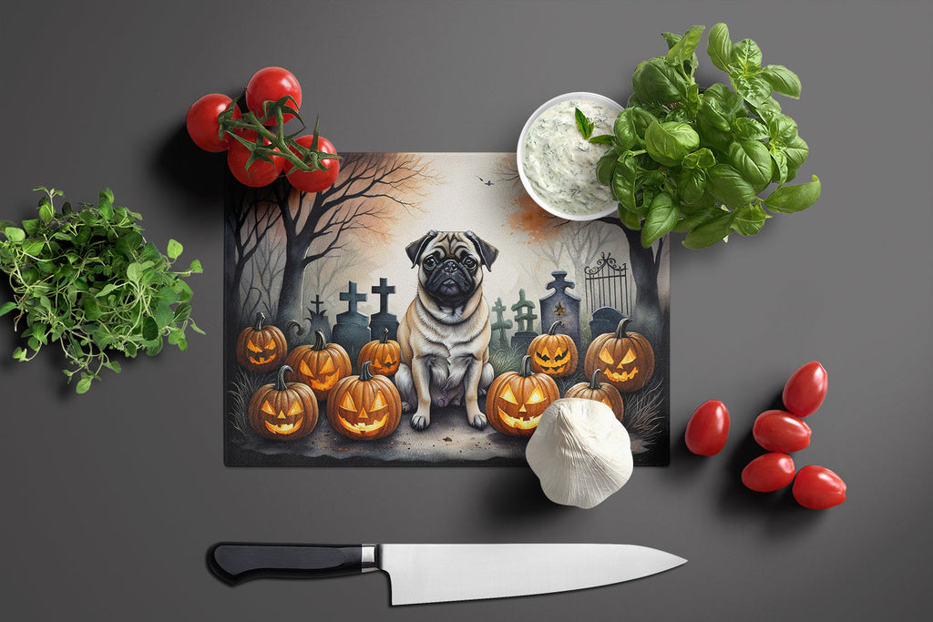 Fawn Pug Spooky Halloween Cutting Board Tempered Glass Kitchen Cutting Surface, Heat Resistant Chopping, Non-Slip Feet, Food Prep & Serving