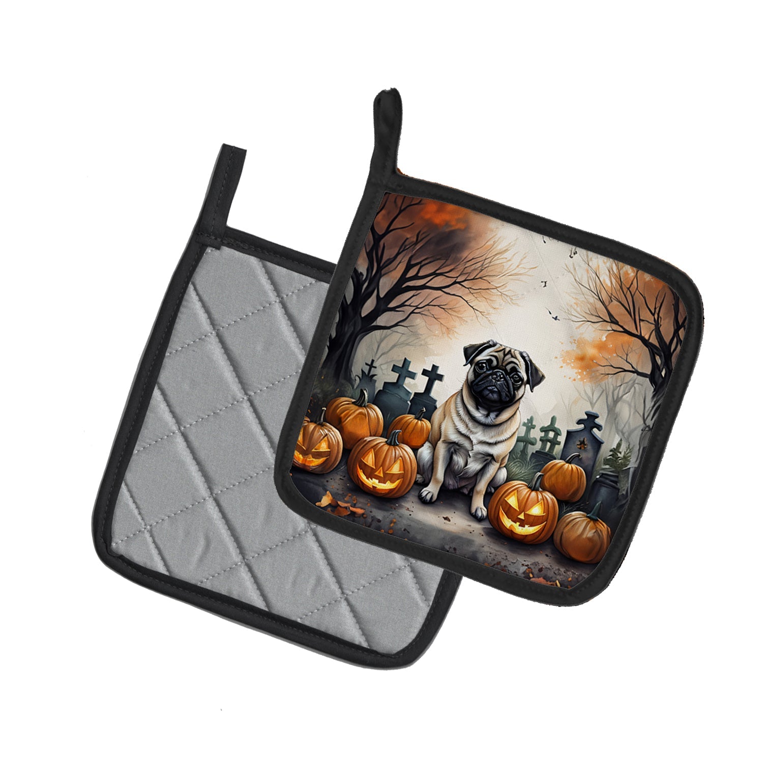 Fawn Pug Spooky Halloween Pot Holder Set of 2 Heat Resistant Quilted Hot Pads 7.5 x 7.5 Inch, Insulated Kitchen Trivets for Cooking & Baking