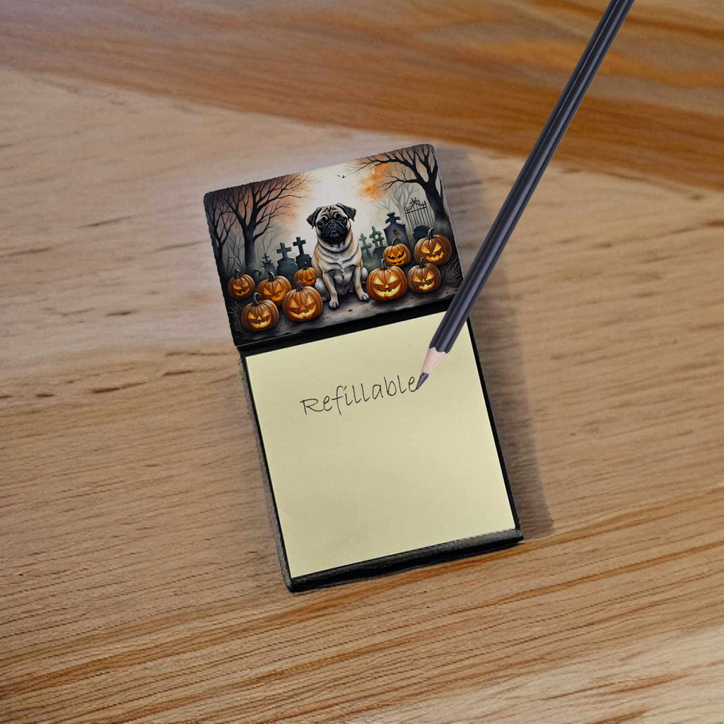 Fawn Pug Spooky Halloween Watercolor Sticky Note Holder Refillable Dispenser Desk Accessory 3x3 Pad Gift