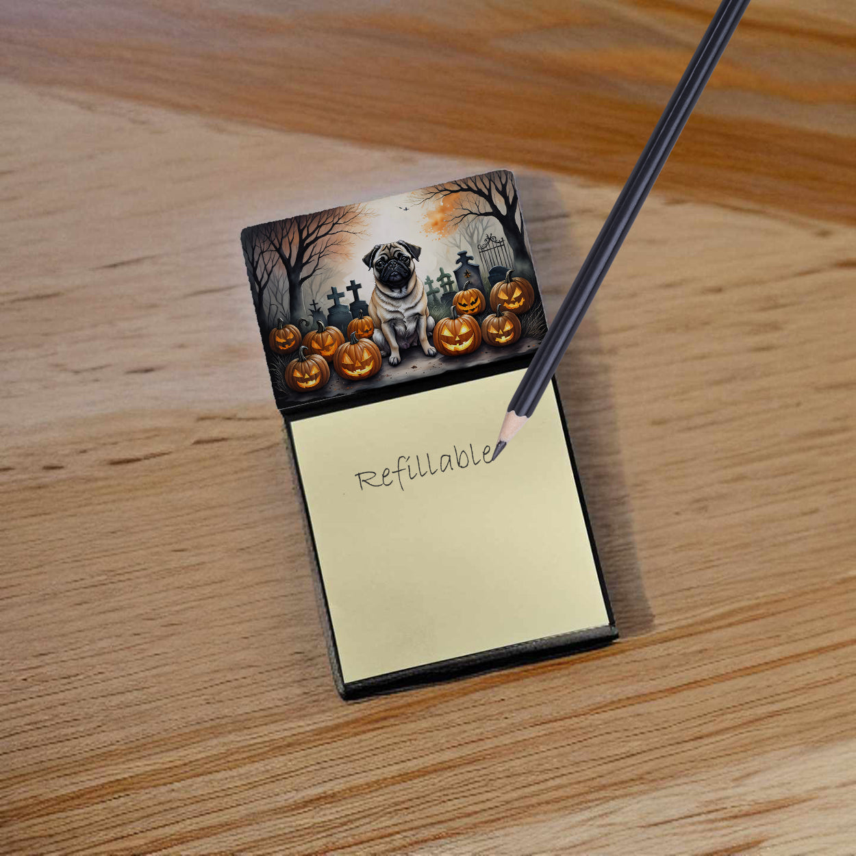 Fawn Pug Spooky Halloween Watercolor Sticky Note Holder Refillable Dispenser Desk Accessory 3x3 Pad Gift
