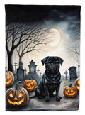 Black Pug Spooky Halloween House Flag 28x40 Porch Sleeve Pole Decorative Outside Yard Banner Artwork Wall Hanging, Polyester