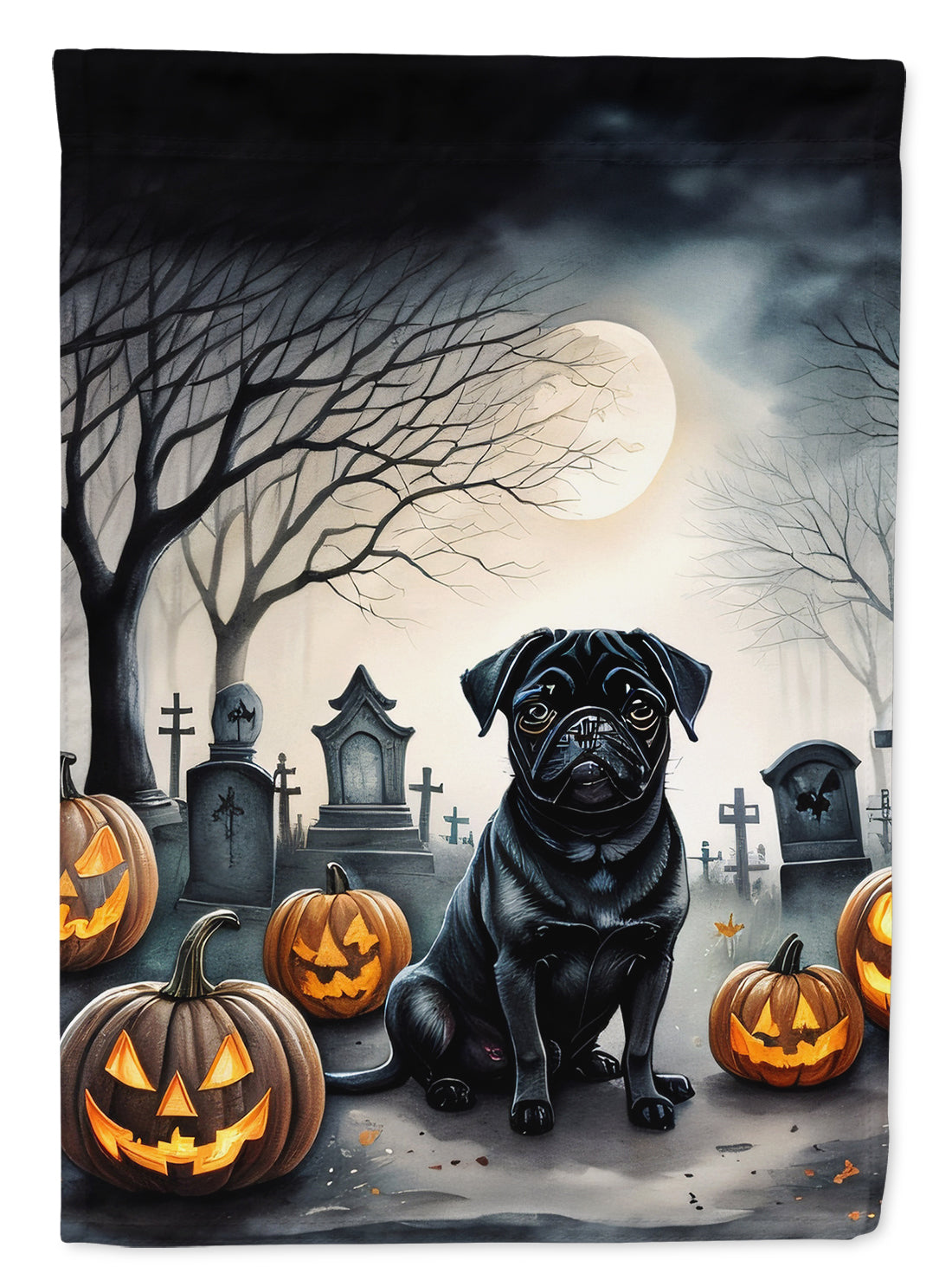 Black Pug Spooky Halloween House Flag 28x40 Porch Sleeve Pole Decorative Outside Yard Banner Artwork Wall Hanging, Polyester