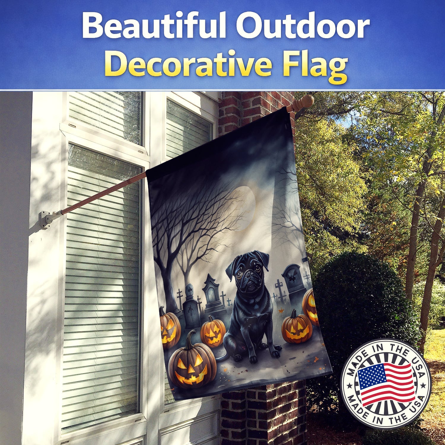 Black Pug Spooky Halloween House Flag 28x40 Porch Sleeve Pole Decorative Outside Yard Banner Artwork Wall Hanging, Polyester