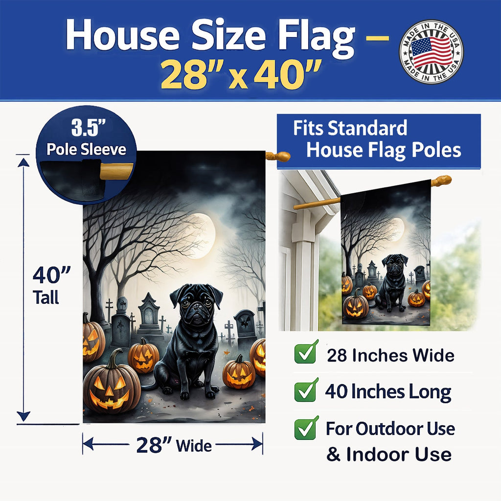 Black Pug Spooky Halloween House Flag 28x40 Porch Sleeve Pole Decorative Outside Yard Banner Artwork Wall Hanging, Polyester