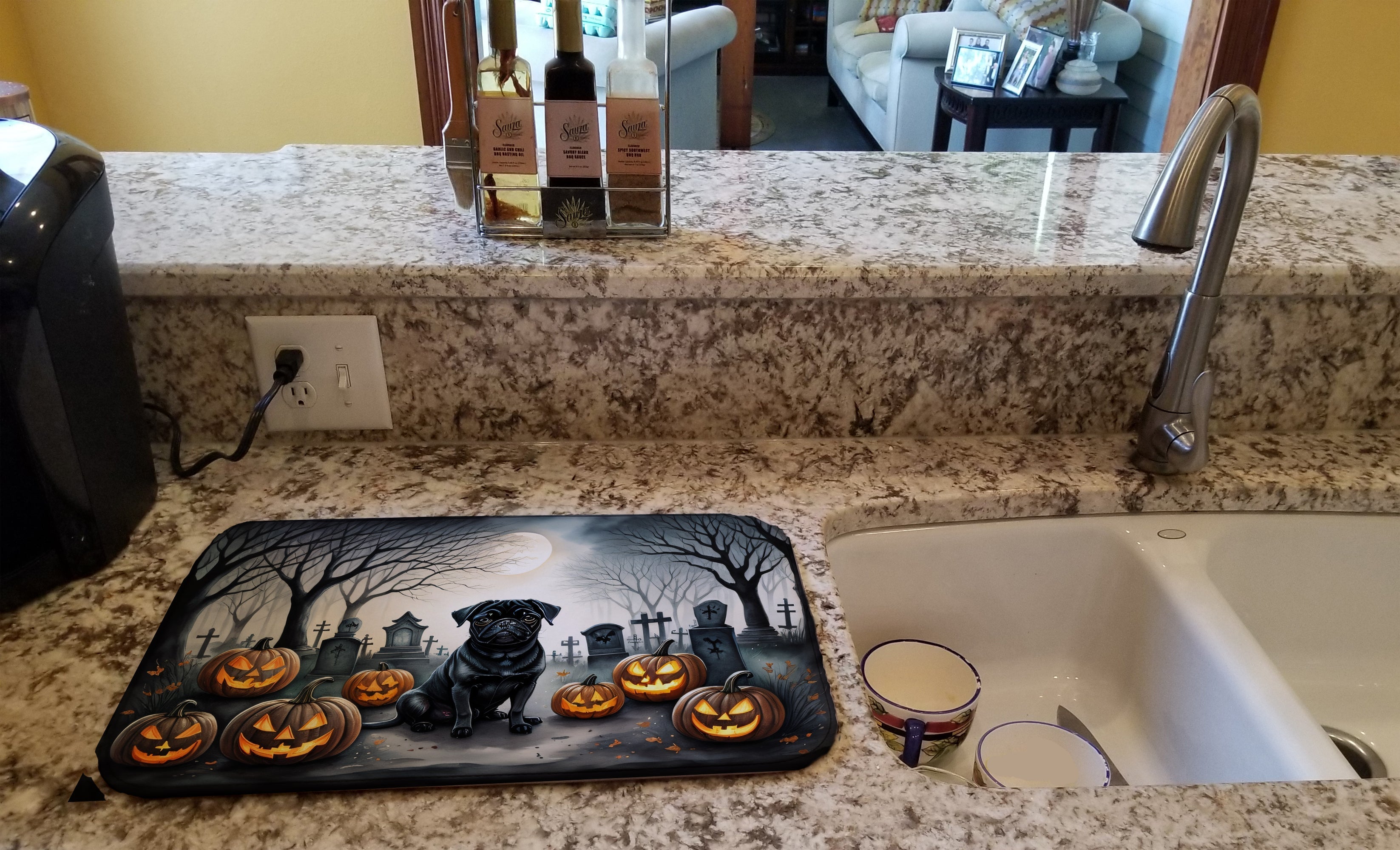 Black Pug Spooky Halloween Dish Drying Mat Absorbent Dish Drying Mat Pad for Kitchen Counter Dish Drainer Mat for Countertop, 14 x 21", Multicolor