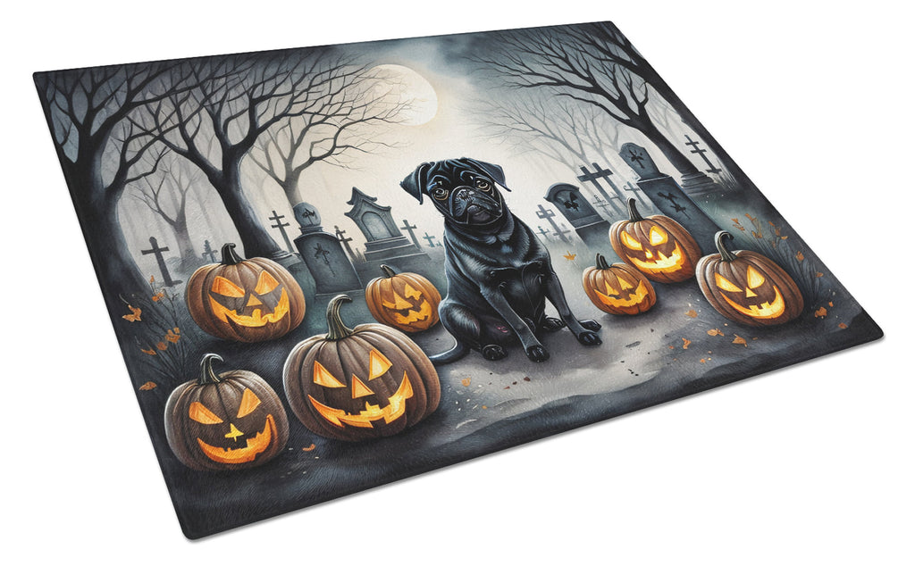 Black Pug Spooky Halloween Cutting Board Tempered Glass Kitchen Cutting Surface, Heat Resistant Chopping, Non-Slip Feet, Food Prep & Serving