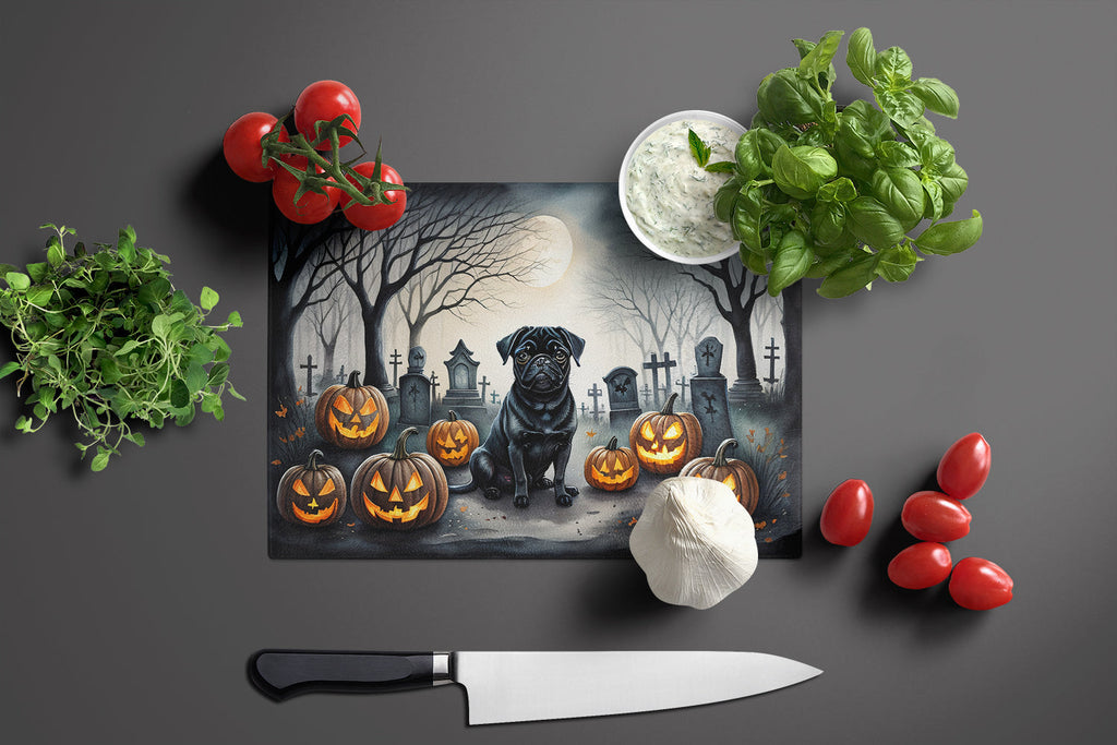 Black Pug Spooky Halloween Cutting Board Tempered Glass Kitchen Cutting Surface, Heat Resistant Chopping, Non-Slip Feet, Food Prep & Serving