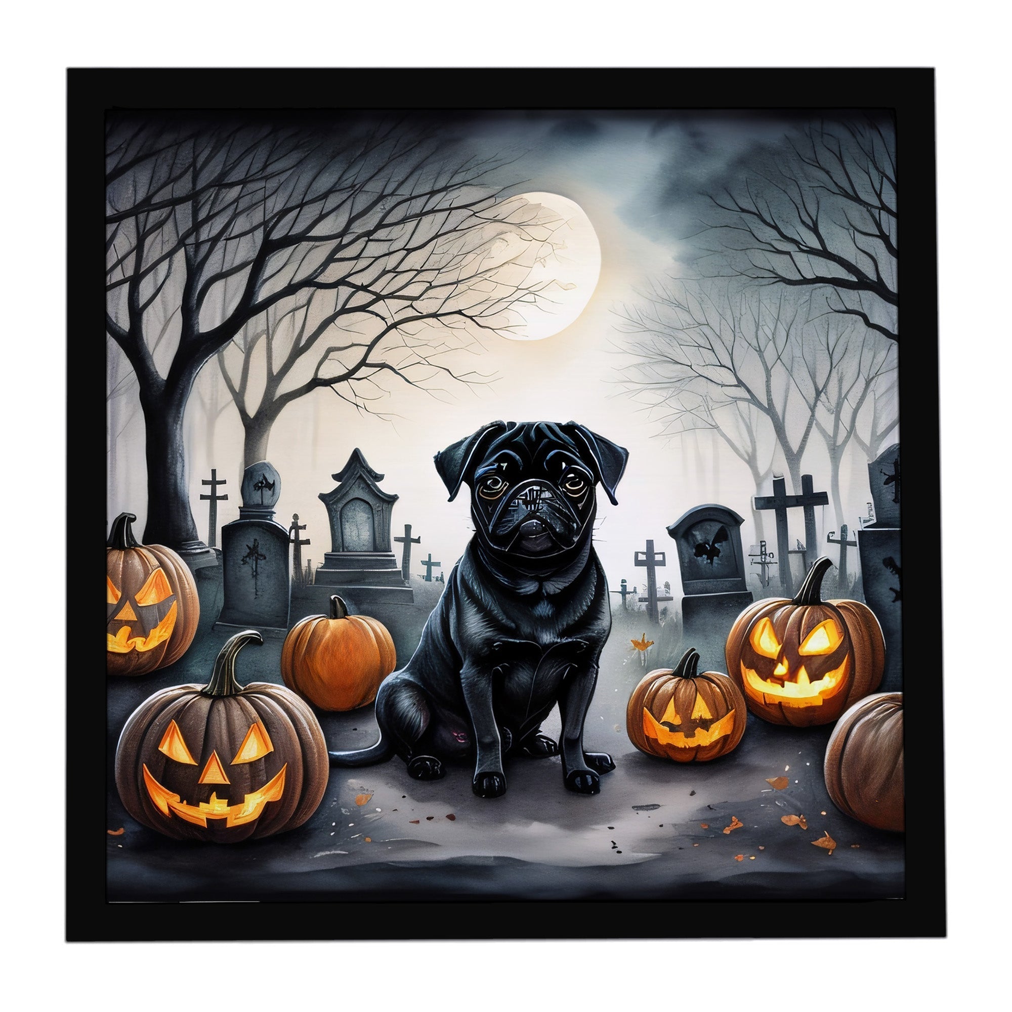 Black Pug Spooky Halloween Framed Metal Print Bathroom, Kitchen, Office, Home Decor Wall Art Ready to Hang, Square, 8X8