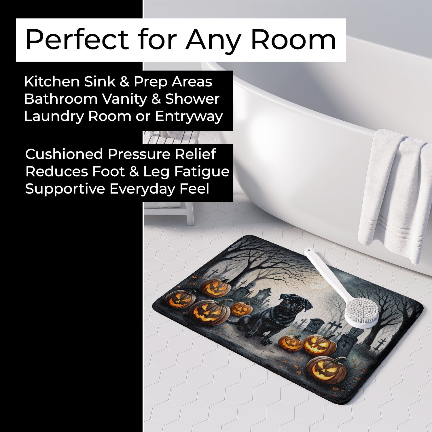 Black Pug Spooky Halloween Memory Foam Kitchen Mat Machine Washable Anti-Fatigue Cushion Comfort Bath or Kitchen Rug