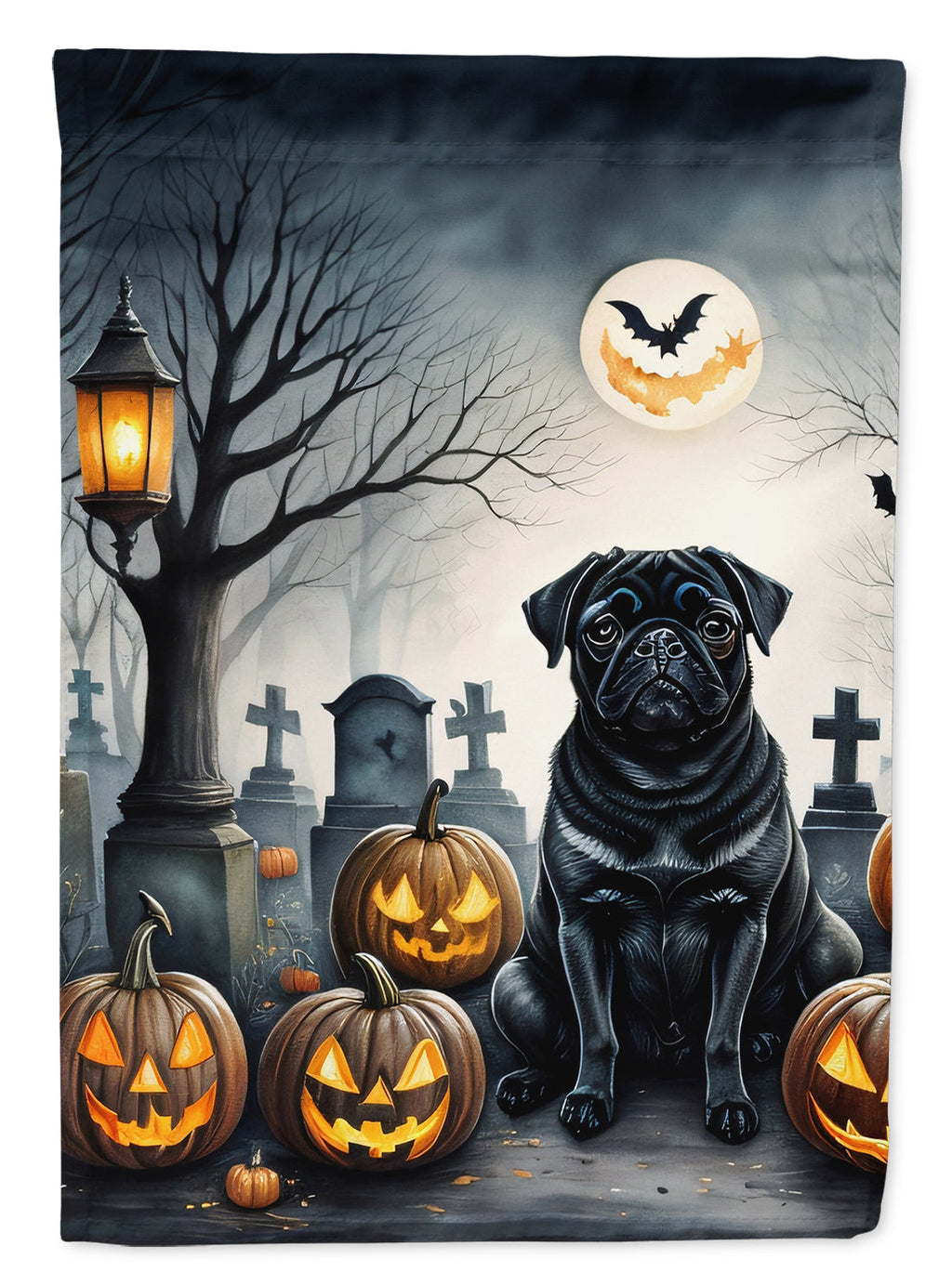 Black Pug Spooky Halloween House Flag 28x40 Porch Sleeve Pole Decorative Outside Yard Banner Artwork Wall Hanging, Polyester