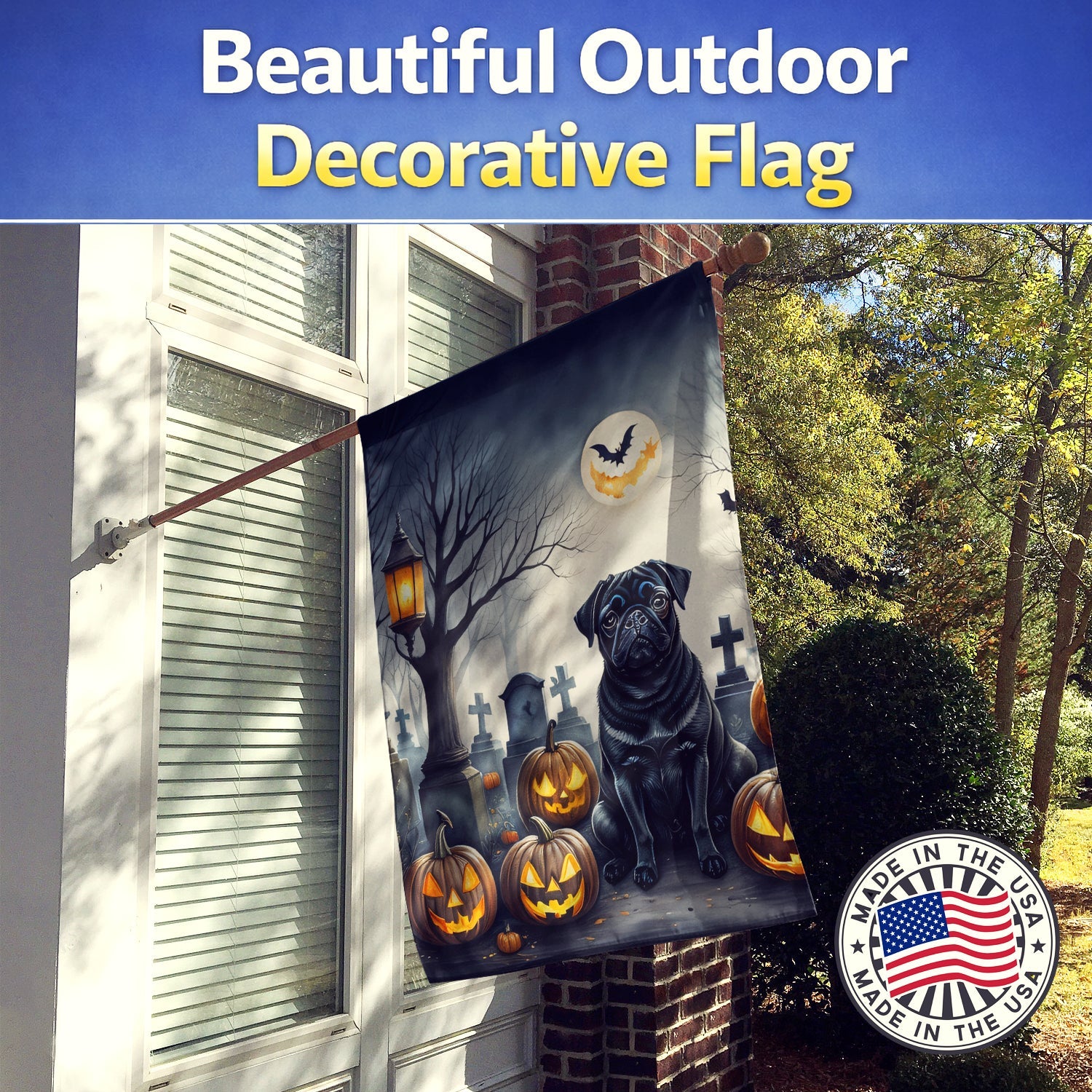 Black Pug Spooky Halloween House Flag 28x40 Porch Sleeve Pole Decorative Outside Yard Banner Artwork Wall Hanging, Polyester
