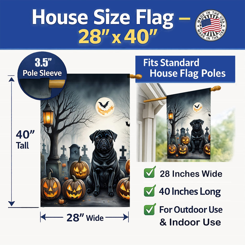 Black Pug Spooky Halloween House Flag 28x40 Porch Sleeve Pole Decorative Outside Yard Banner Artwork Wall Hanging, Polyester