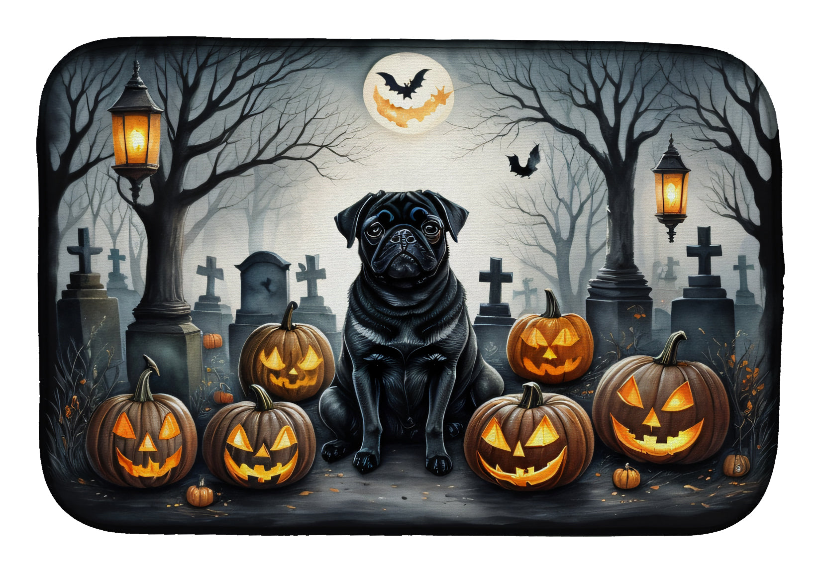 Black Pug Spooky Halloween Dish Drying Mat Absorbent Dish Drying Mat Pad for Kitchen Counter Dish Drainer Mat for Countertop, 14 x 21", Multicolor