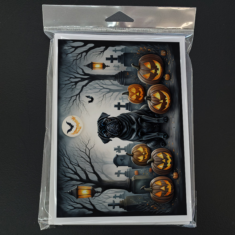 Black Pug Spooky Halloween Greeting Cards Pack of 8 Blank Cards with Envelopes Whimsical A7 Size 5x7