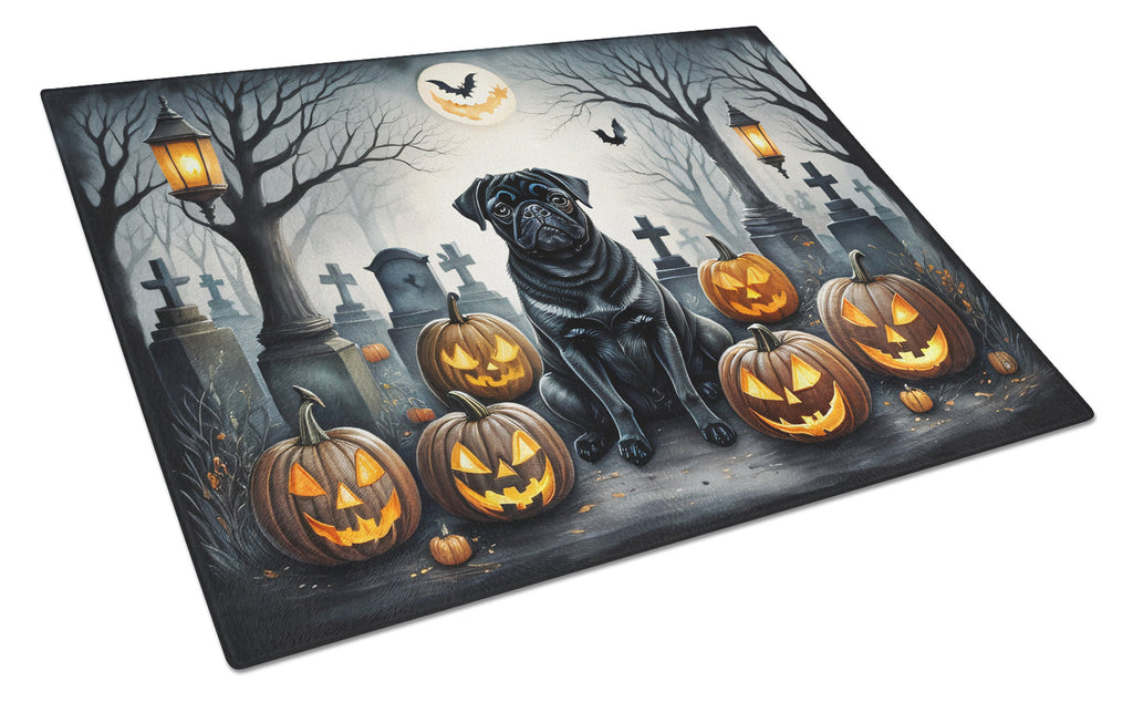 Black Pug Spooky Halloween Cutting Board Tempered Glass Kitchen Cutting Surface, Heat Resistant Chopping, Non-Slip Feet, Food Prep & Serving